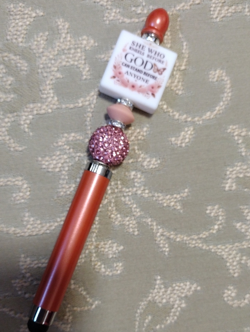 Decorative Pink Beaded Stylus Pen - Inspirational Quote
